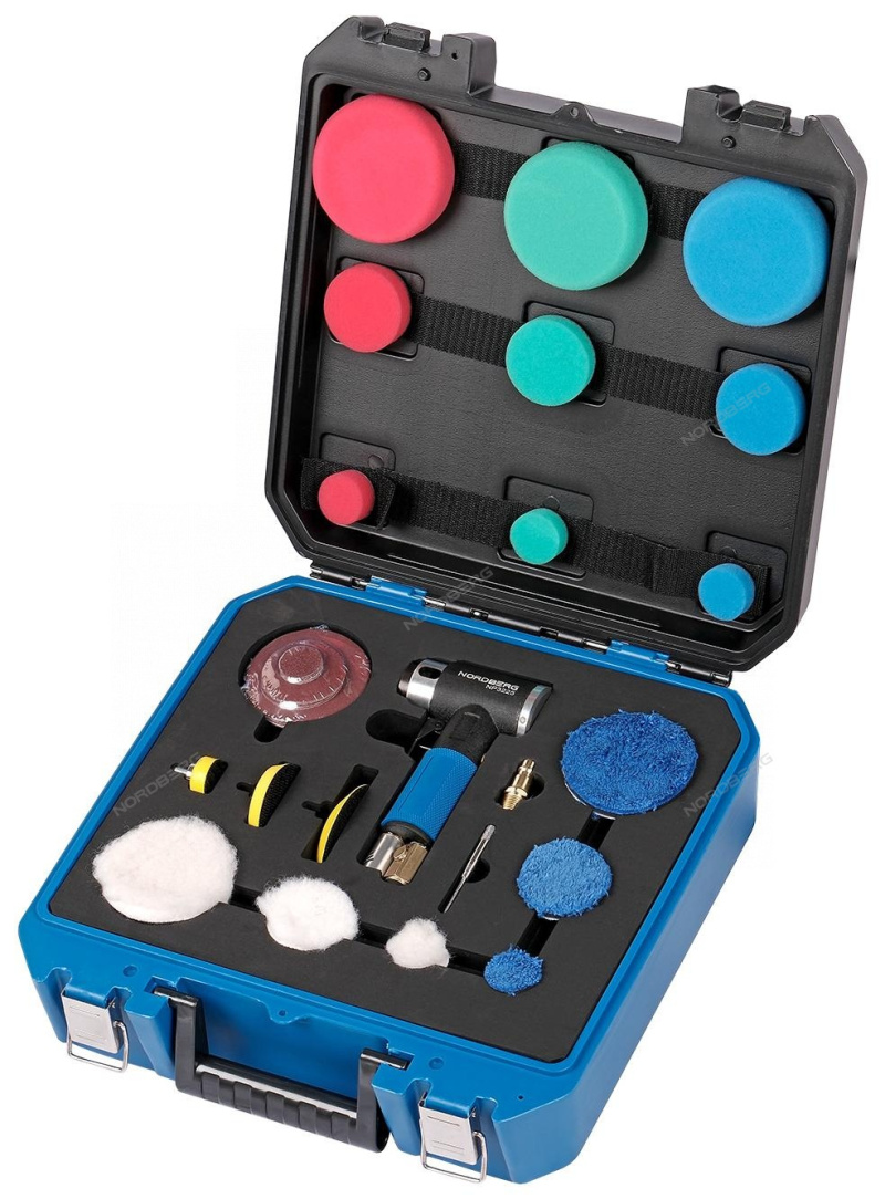 Пневмошлифмашинка угловая орбитальная в комплекте с насадками, диам. 25, 50, 75 мм NORDBERG NP32